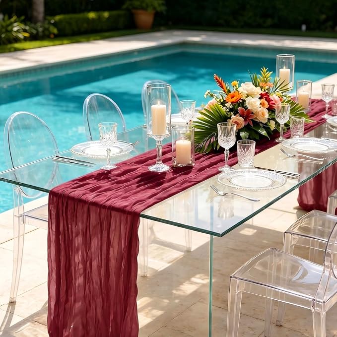 3 Pack Burgundy Cheesecloth Table Runner 21 x 120 Inch Boho Gauze Sheer Table - Image 5