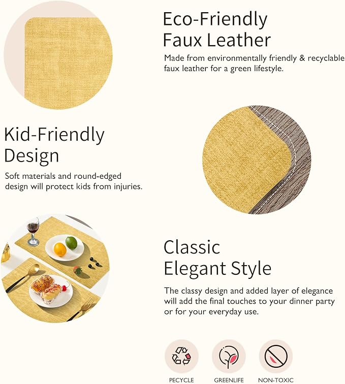Maxpearl Faux Leather Placemats Set of 6, Light Yellow | Waterproof - Image 4