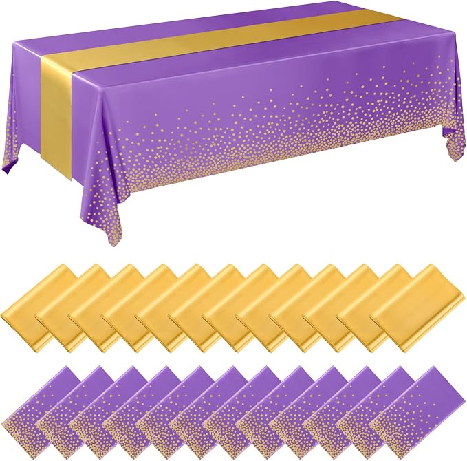 24 Pack Purple and Gold Disposable Plastic Tablecloths and Satin Table Runner by Breling