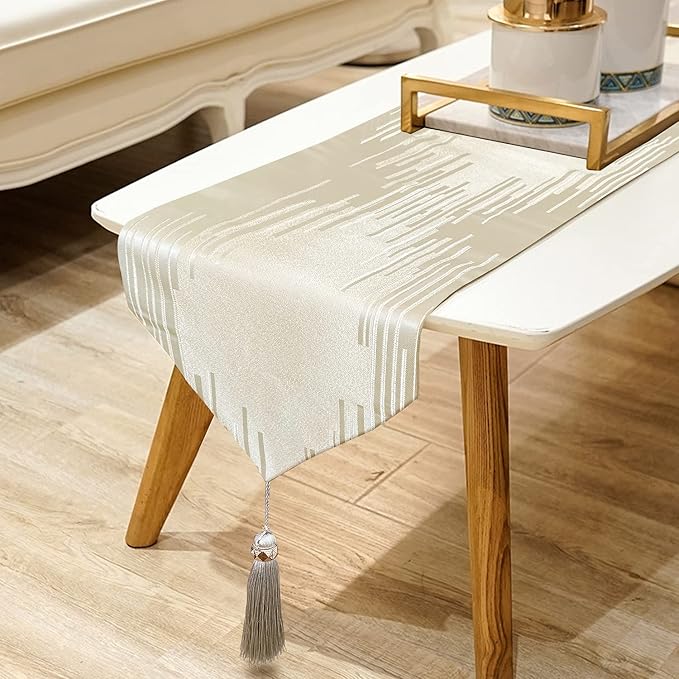 Beige Elegant Luxury Table Runner, Modern Geometric Lines, Tassels | Satin Faux by Jiino