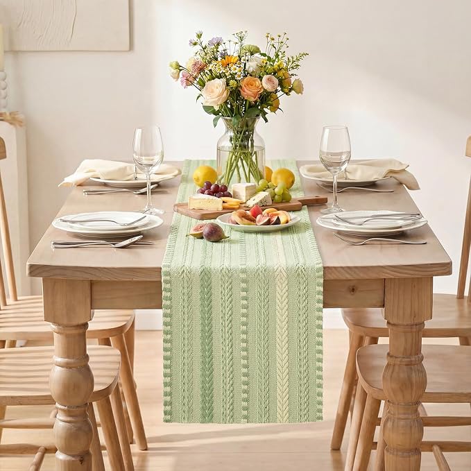 Artoid Mode Sage Green Farmhouse Stripe Braided Table Runner 12x90 Inch | - Image 2