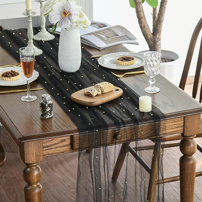 Artoid Mode 6PCS Pearl Black Gauze Table Runner 120 Inch 10FT, Seasonal Sheer - Image 3