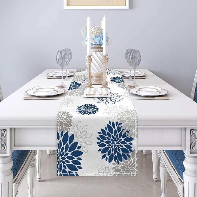 Dahlia Flower Table Runner 13x90 Inch Farmhouse Blue Gray Runners Modern Table - Image 5
