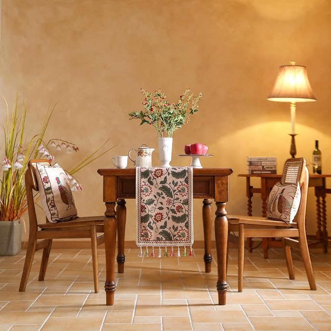 Designer Vintage Linen Long Table Runner, Floral Leave Pattern, Dining Table - Image 3