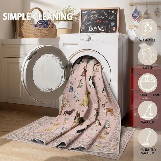 Floral Washable 6x9 Dogs Area Rugs, Soft Pink Bedroom Rug - Image 4