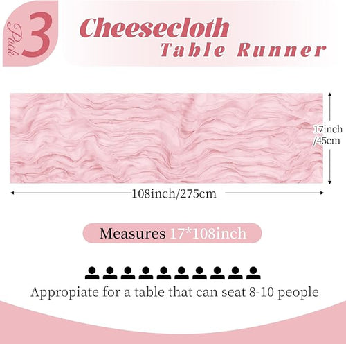 3 Pack Light Pink Cheesecloth Table Runner, 17 x 108 Inch, Gauze Cheese Cloth - Image 2