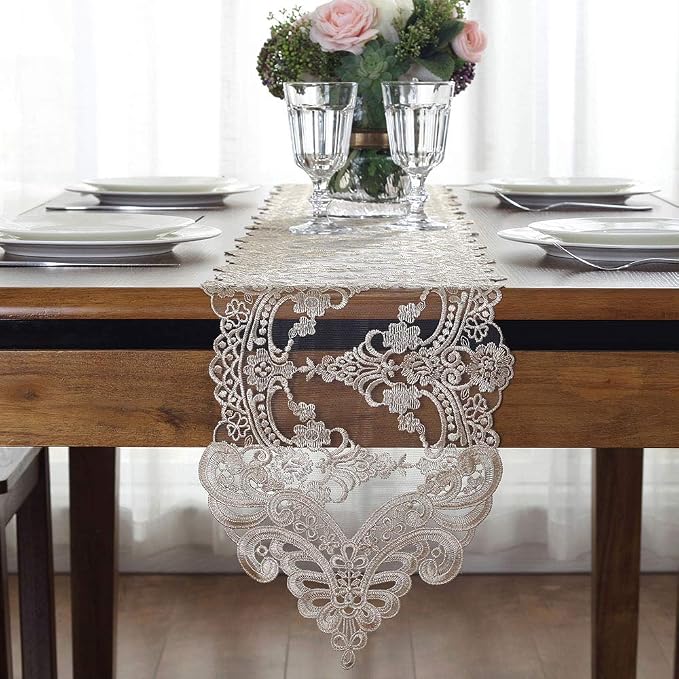 ARTABLE Champagne Lace Table Runner Macrame Dresser Scarf 10 x 110 Inch | - Image 5