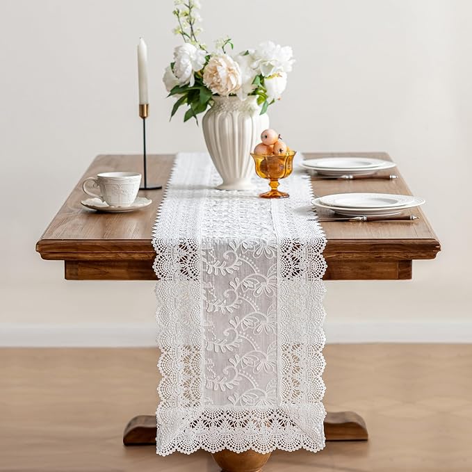 White Elegant Vintage Lace Table Runner, Wedding Lace Decor by OUZHUHUI