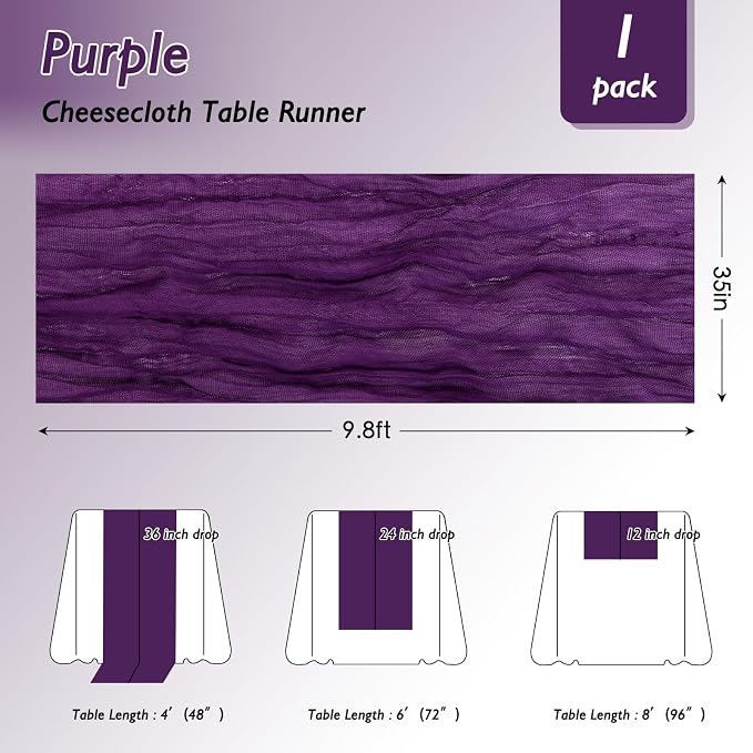 8 Pack Purple Cheesecloth Table Runner 120 Inch Boho Wedding Decor | - Image 2