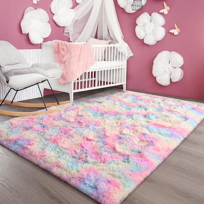 FlyDOIT Large Area Rugs for Living Room, 4x6 Feet Tie-Dyed Rainbow Shaggy Rug - Image 3