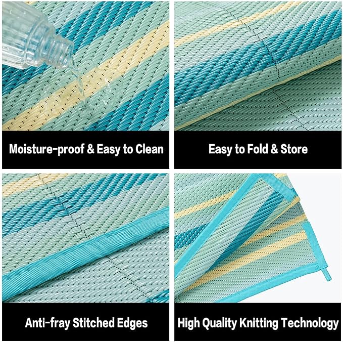 Outdoor Plastic Straw Rug Waterproof Patio 6x9 Teal Yellow Stripe Mat - Image 8