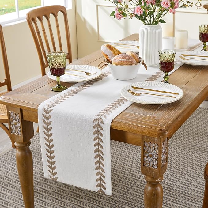 Linen Embroidered Table Runner, Taupe Table Runners 72 Inches Long | Linen - Image 4