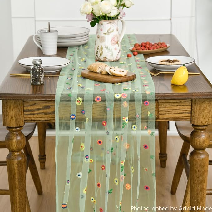 Artoid Mode 3PCS Sage Green Embroidery Daisy Gauze Table Runner 120 Inch | - Image 2