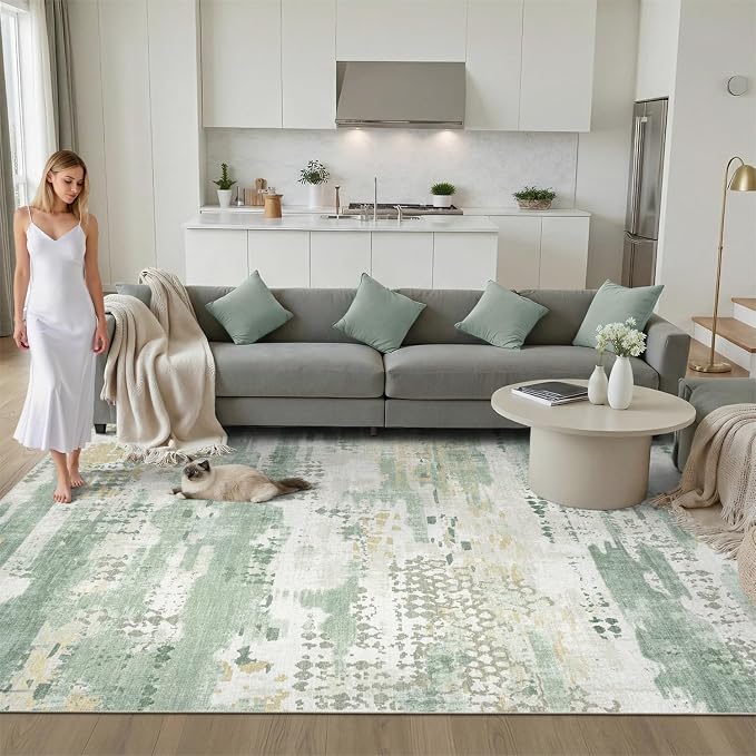 DCX Abstract Area Rug 5x7, Washable Sage Green Modern Rug - Image 3