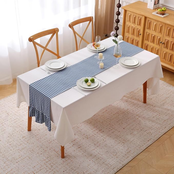 Navy Blue White Plaid Gingham Ruffle Table Runner 120 inches Long 100% Washed - Image 2