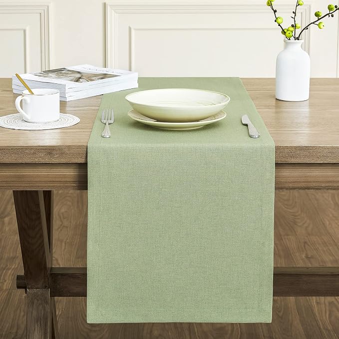 Basic Linen Style Table Runner, 14x72 Inch Sage Green | Mitered Corner Design - Image 2