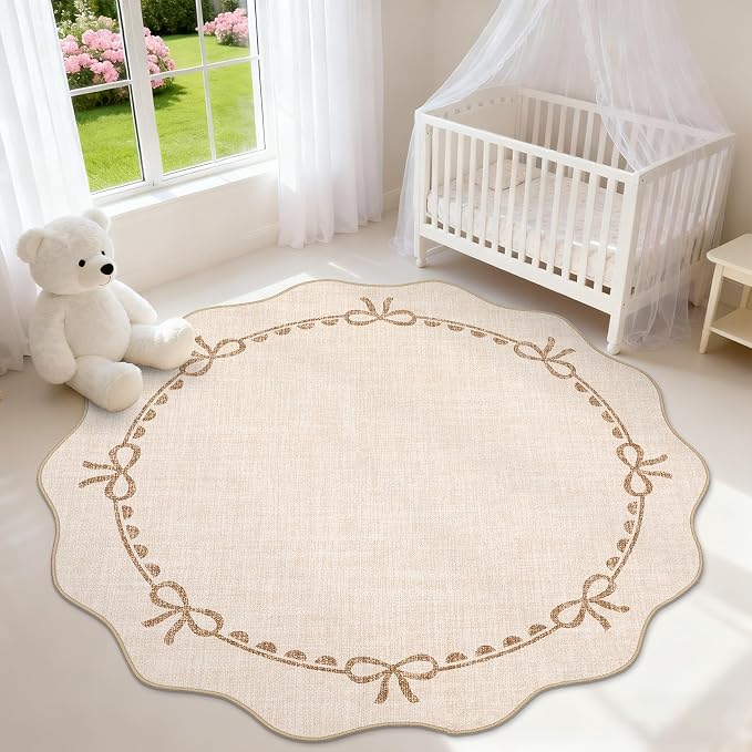 GarveeHome Scalloped Bow Rug for Living Room, 4ft Round Rugs Washable Solid - Image 2