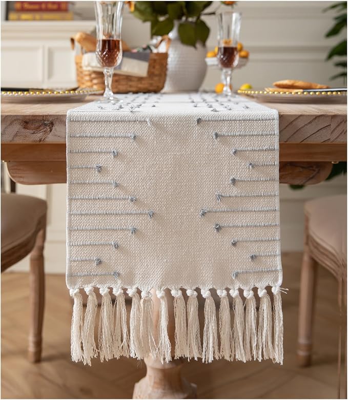 Boho Table Runner 13 x 108 Inch Long Natural Cotton Woven Runner by Caflife