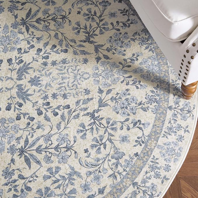 jinchan Zenith Round Rug 7ft Area Rug Soft 7'Round Vintage Floral Rug Non-Slip - Image 8