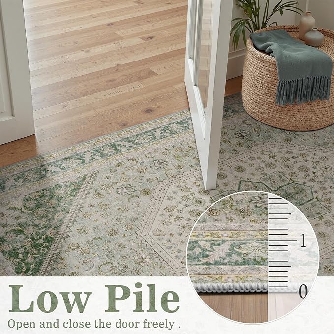 DCX Green 8x10 Area Rug, Machine Washable Non Slip Stain Resistant Vintage Rug - Image 3