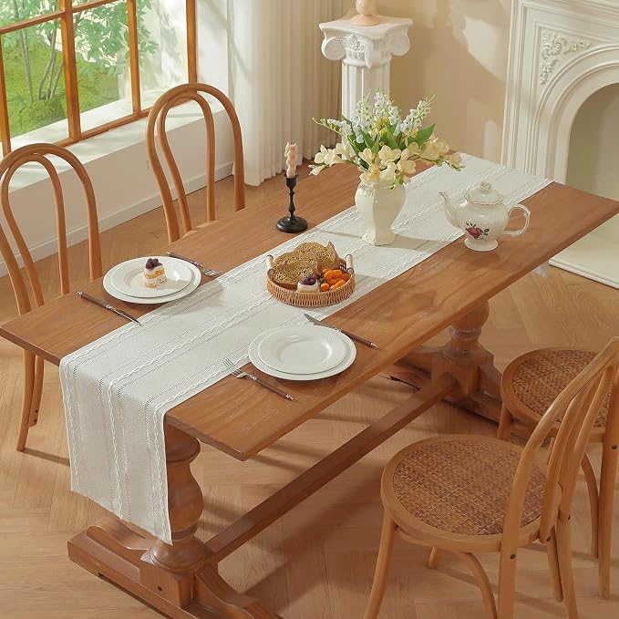 Boho Cotton Linen Beige Table Runner, Ivory Farmhouse Woven Table Runners - Image 7