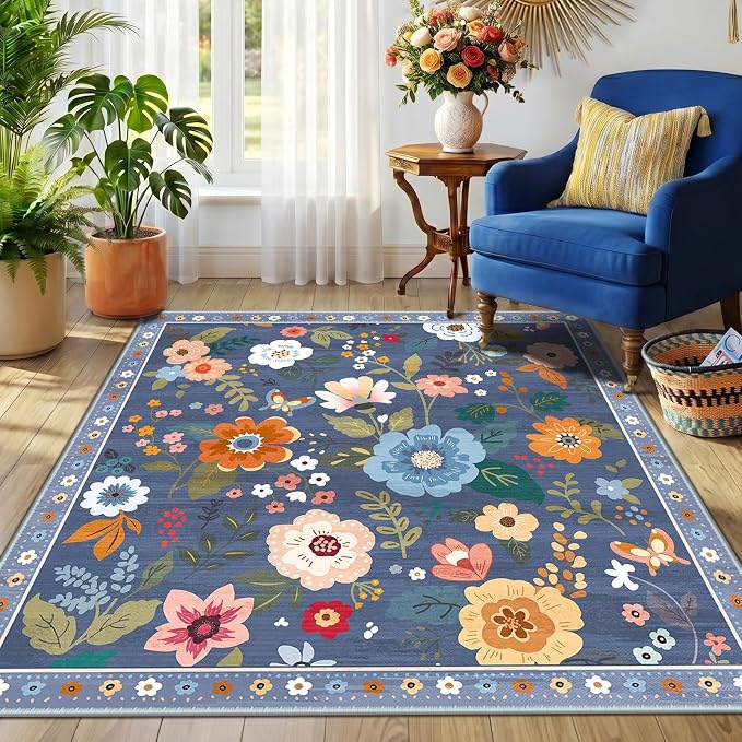 RELEANY Floral Square 5ft Area Rugs Washable Print Boho Cute Carpet Non Slip - Image 6
