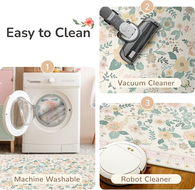 2x6 Area Rugs, Washable Floral Rug, Low Pile Non-Slip Carpet, Flower Rug - Image 3