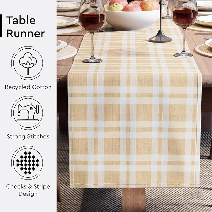 Encasa XO Table Runner, Woven Cotton Dining Runner 13"x94" Franca Beige Checks - Image 4