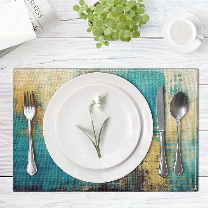 Emvency Farmhouse Placemats Set of 4, 12x18 Inch, Turquoise and Yellow | - Image 4