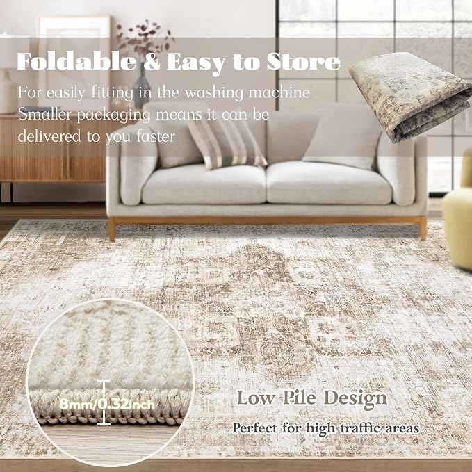 Area Rug 4x6 Washable Rug, Vintage Boho Medallion Rugs Non-Slip Soft Low Pile - Image 6
