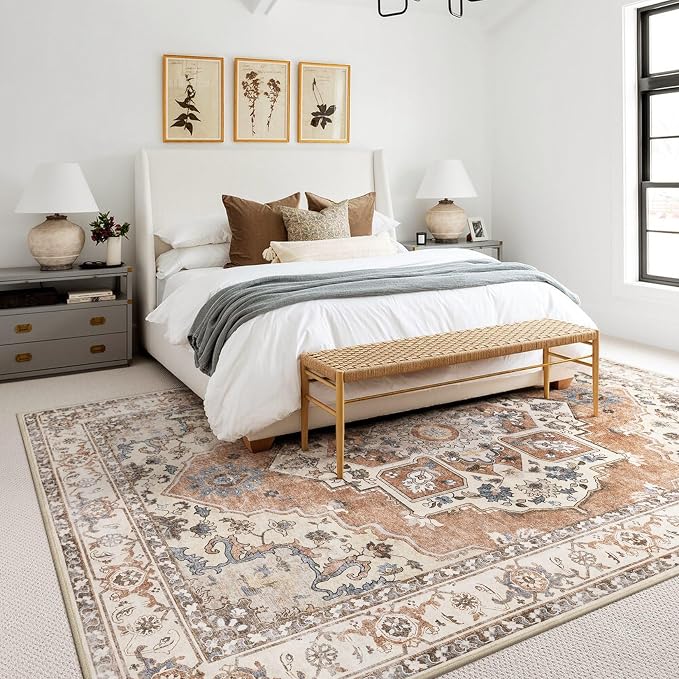 9x12 Washable Area Rug: Vintage Neutral Soft Non Slip Thin Large Floor Carpet - Image 3