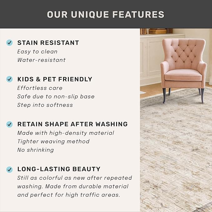 Cream 2x5 Runner Rugs for Bathroom Floor, Geometric Floral Throw Rugs Washable - Image 5