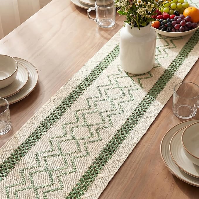 Artoid Mode Sage Green Stripe Diamond Woven Table Runner 12x108 Inch | Holiday - Image 3