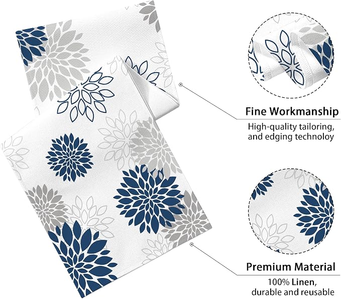 Dahlia Flower Table Runner 13x71 Inch Farmhouse Blue Gray Runners Modern Table - Image 2