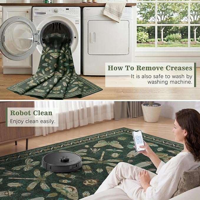 DCX 5x7 Washable Insect Rug, Vintage Gothic Dark Green Rug - Image 5