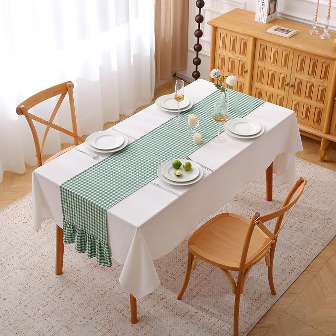 Christmas Green White Plaid Gingham Ruffle Table Runner 90 inches Long 100% - Image 2