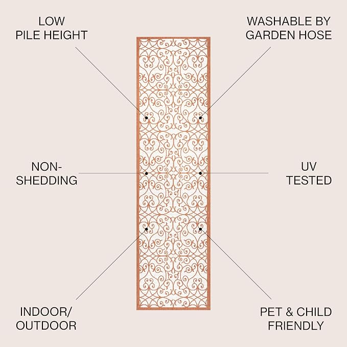 JONATHAN Y Vintage Filigree Indoor Outdoor Runner Rug 2X8 Cream/Orange - Image 2