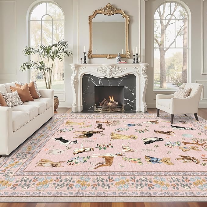 Floral Washable 6x9 Dogs Area Rugs, Soft Pink Bedroom Rug by WelcometoBabovid