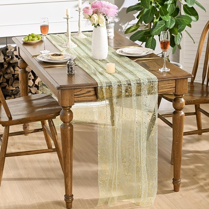 Artoid Mode 10PCS Sage Green Gold Gauze Table Runner 120 Inch 10FT, Glitter - Image 4