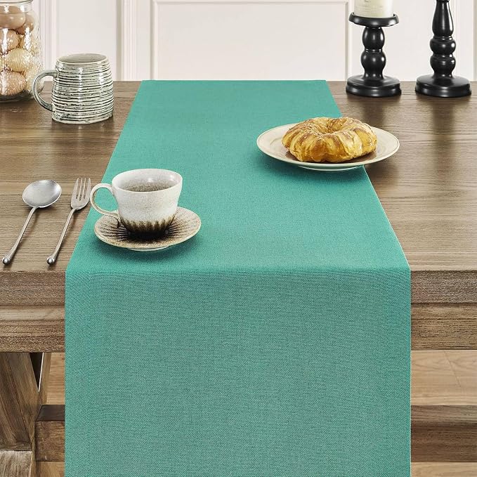 Basic Linen Style Table Runner, 14x108 Inch Teal | Mitered Corner Design - Image 5