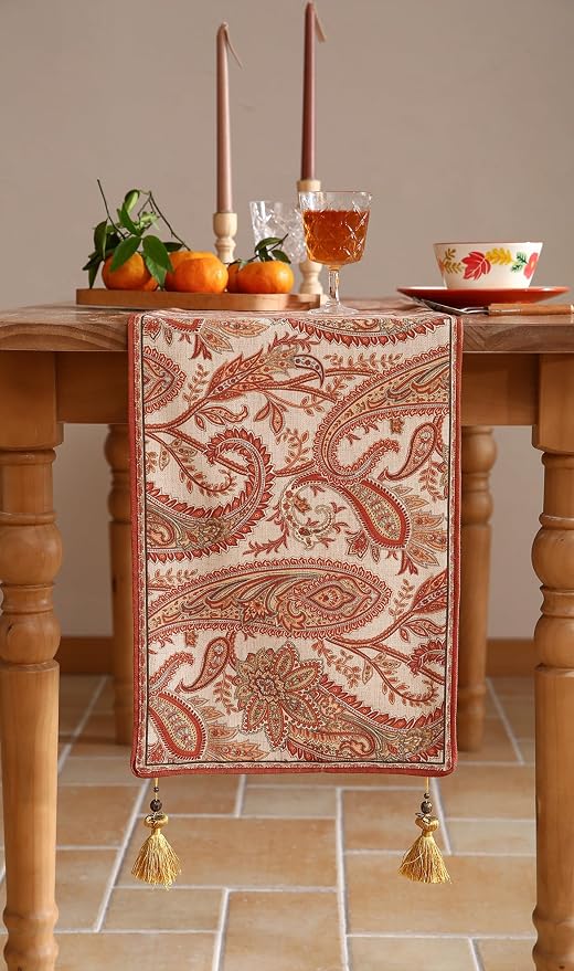 Designer French Linen Extra Long Table Runner, Cashew Pattern, Dining Table - Image 3