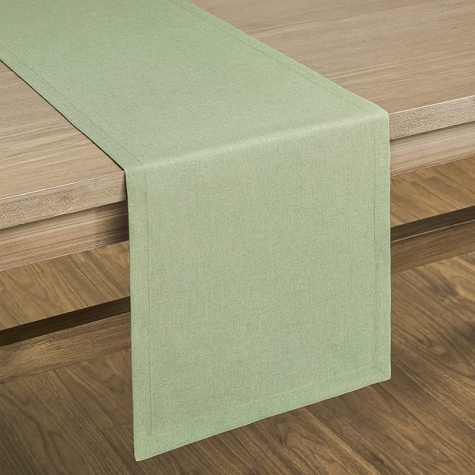 Basic Linen Style Table Runner, 14x48 Inch Sage Green | Mitered Corner Design - Image 7
