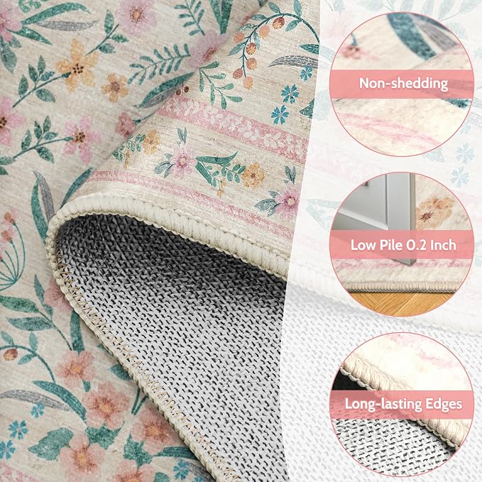 Pink Floral Area Rug 4x6, Washable Non-Slip Soft Carpet - Image 7