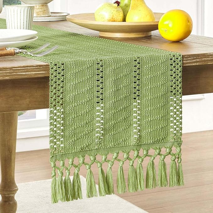 Macrame Style Boho Table Runner, 12x72 Inch Green | Woven Boho Table Runner by ZEEMARTONLINE