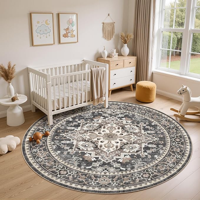 5ft Round Area Rug: Washable Vintage Neutral Soft Non Slip Thin Large Floor - Image 4
