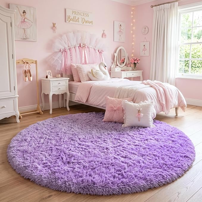 Amdrebio Purple Round Rugs 4Ft for Girls Bedroom Decor Aesthetic, Fluffy Fuzzy - Image 5