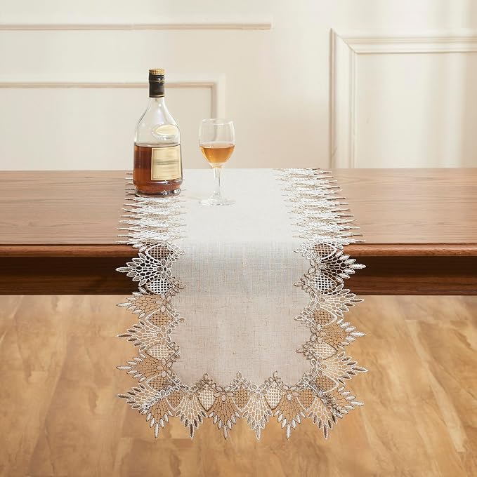 Natural Linen Table Runner 108 inches Beige Lace Coffee Table Runner | French - Image 2