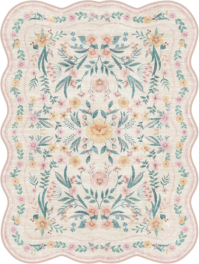 Pink Floral Rug 5X7 for Girls Bedroom or Nursery, Scalloped Washable Non-Slip - Image 7