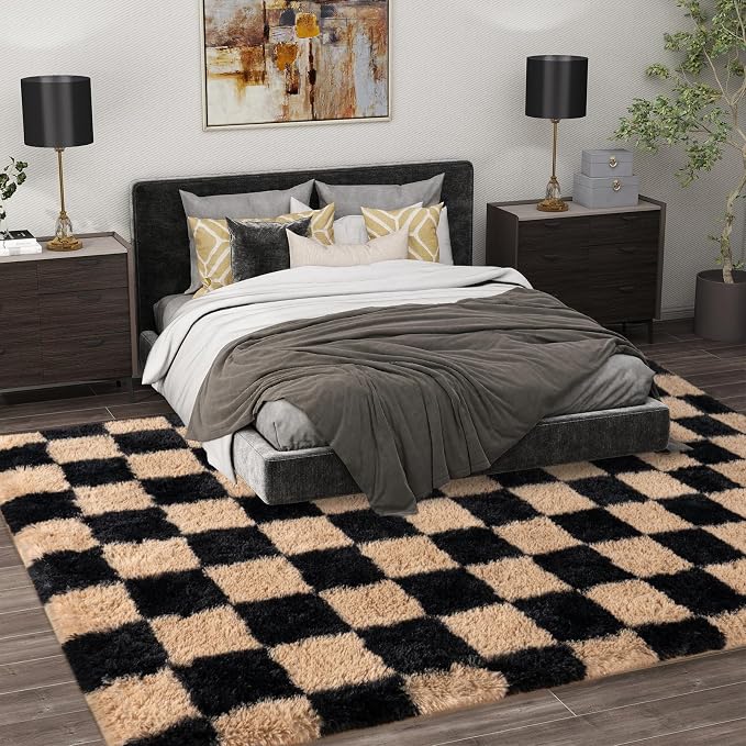 Shag Rugs for Living Room 9x12, Ultra Soft Checkered Black Beige Big Fuzzy Rugs - Image 3