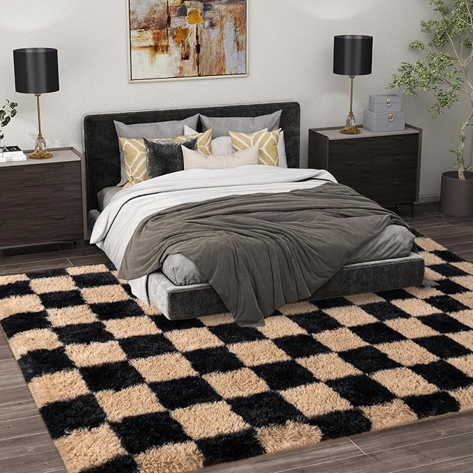 Shag Rugs for Living Room 6x9, Ultra Soft Checkered Black Beige Big Fuzzy Rugs - Image 3